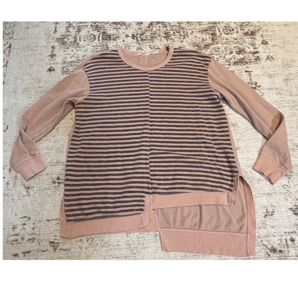 Wilt Womens M Pink Striped Asymmetrical Hem Long Sleeve Sweatshirt Made in USA